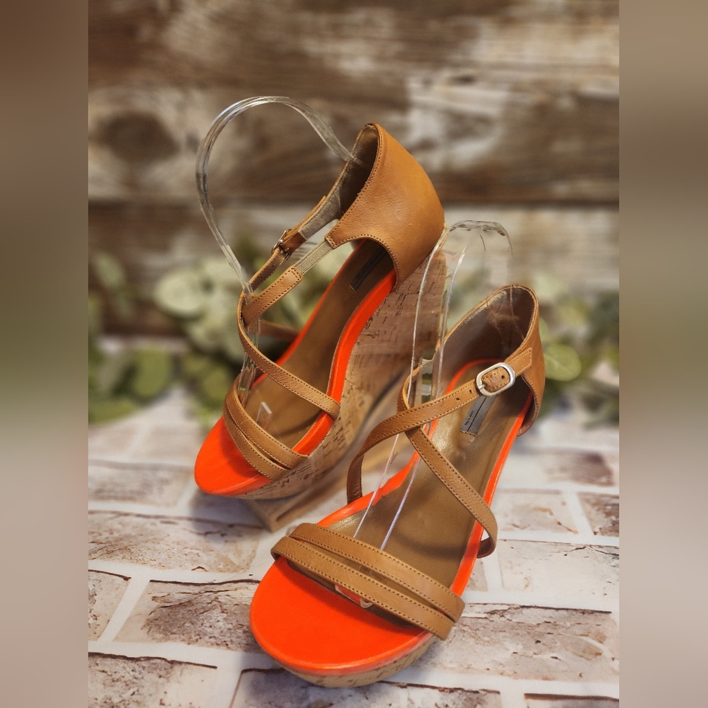 Vic 'Made in Italy' Cork Neon Orange Platform Wedge Heels Size 38/7.5
